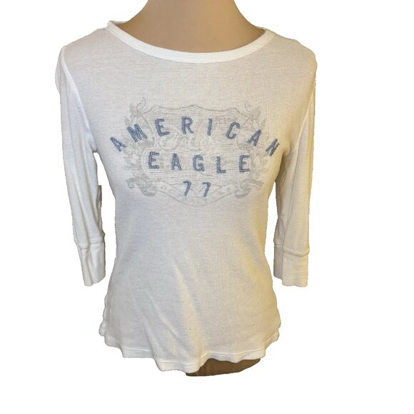 American Eagle Outfitters Tops - Vintage Y2K American Eagle Outfitters White Blue Logo Waffle Women's Size XL